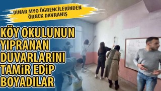 Afyonkarahisar'da Köy okulunun yıpranan duvarlarını tamir edip boyadılar